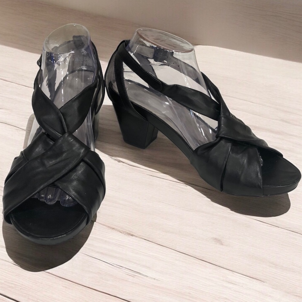 Umberto Raffini Black Leather Crisscross Block Heel Sandals